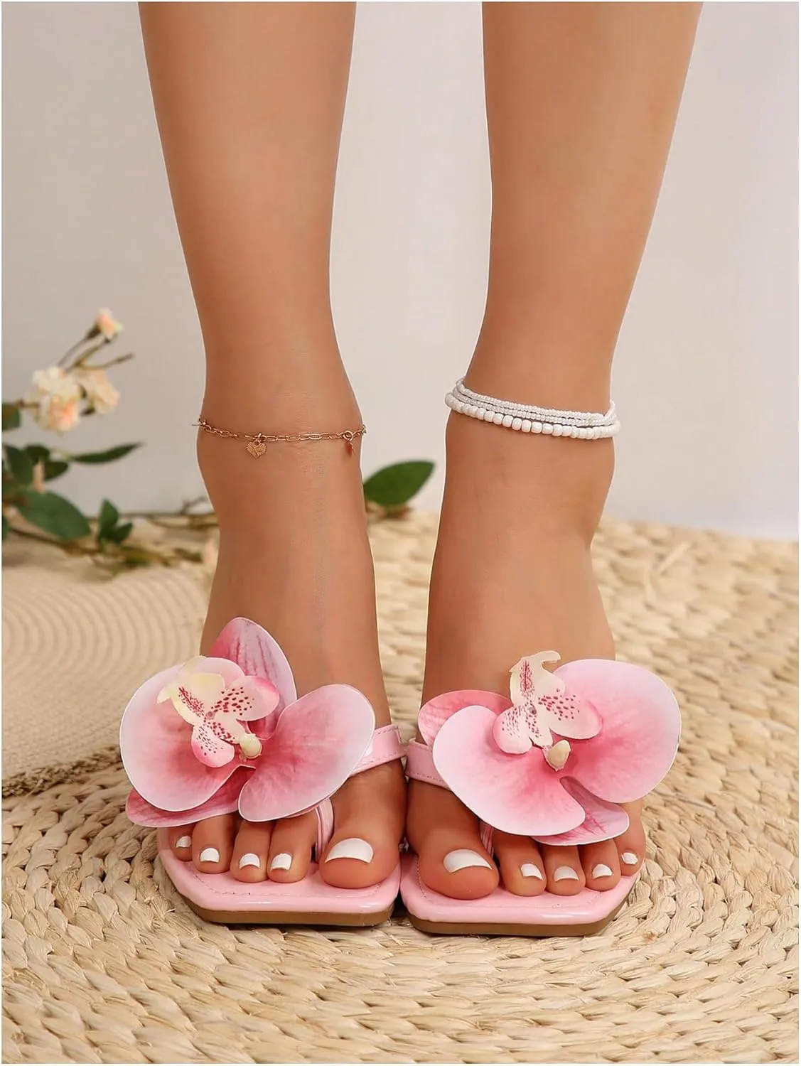 GORGLITTER Women's Flower Flat Sandals Dressy Flip Flops Square Open Toe Thong Vacation Summer 2025 Slides Shoes
