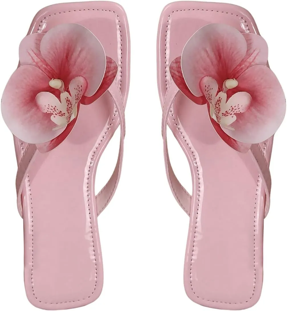 GORGLITTER Women's Flower Flat Sandals Dressy Flip Flops Square Open Toe Thong Vacation Summer 2025 Slides Shoes