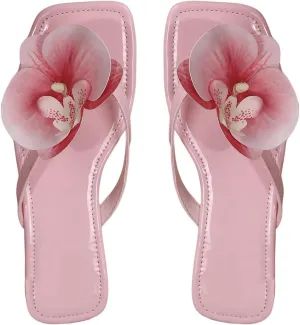 GORGLITTER Women's Flower Flat Sandals Dressy Flip Flops Square Open Toe Thong Vacation Summer 2025 Slides Shoes