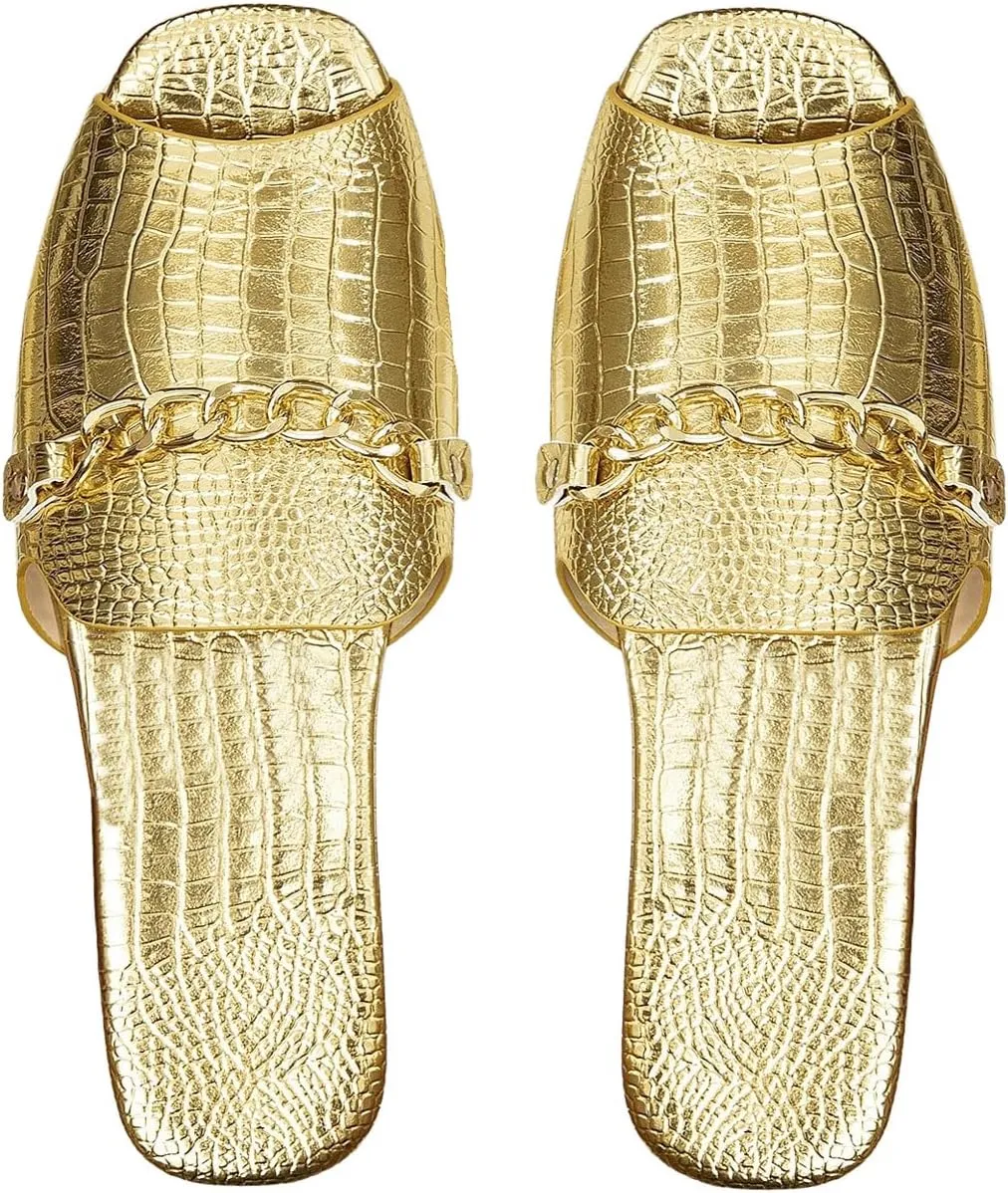 GORGLITTER Women's Gold Metallic Flat Sandals Dressy Chain Open Toe Slides Shoes