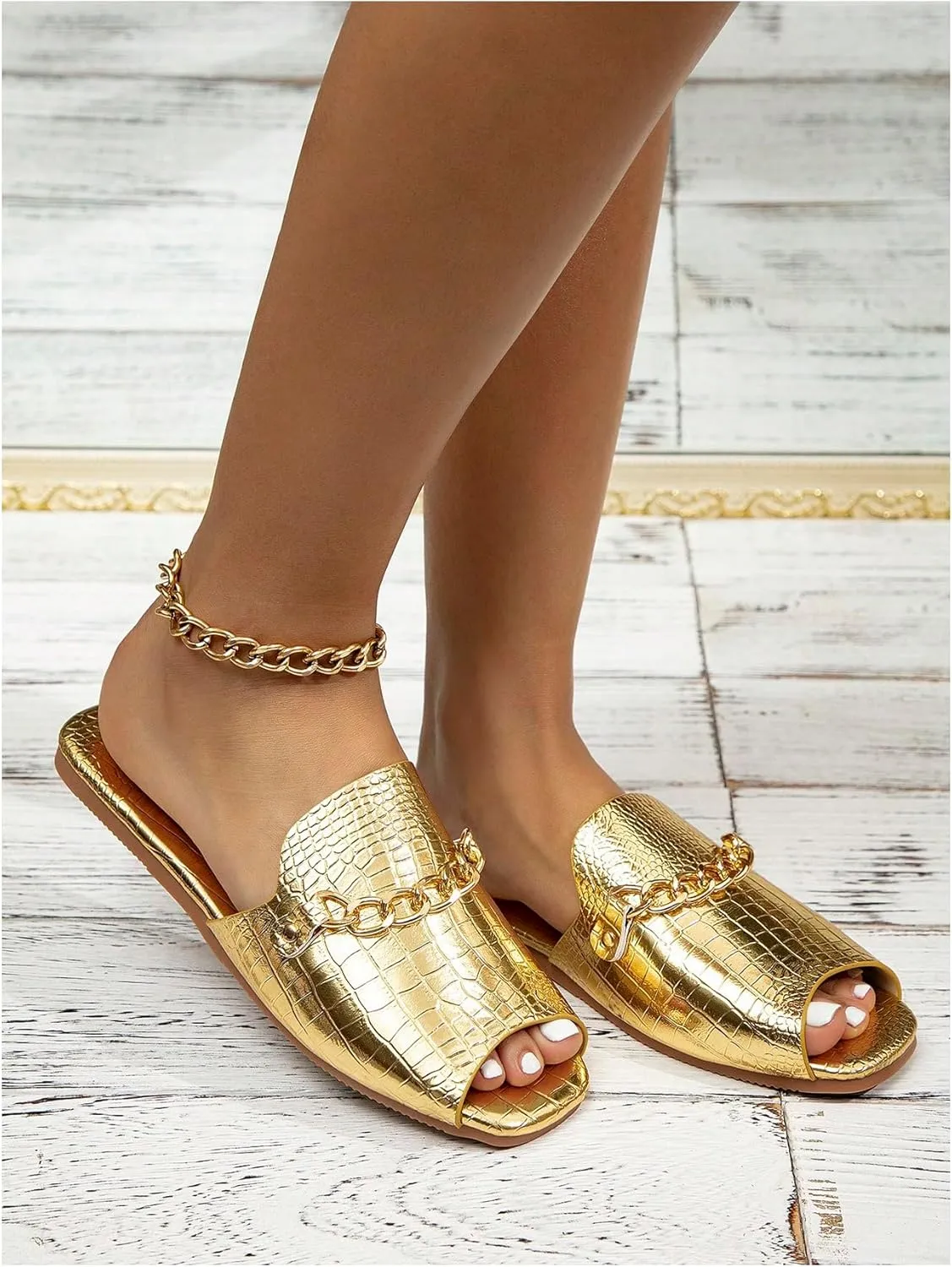 GORGLITTER Women's Gold Metallic Flat Sandals Dressy Chain Open Toe Slides Shoes