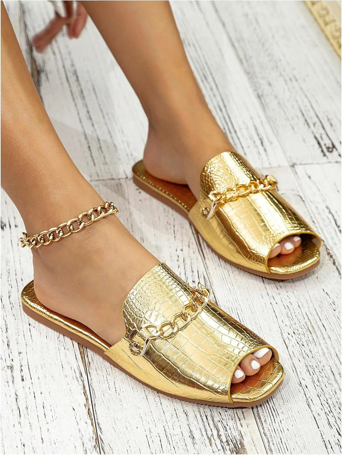 GORGLITTER Women's Gold Metallic Flat Sandals Dressy Chain Open Toe Slides Shoes