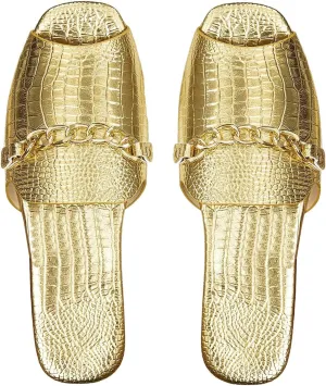 GORGLITTER Women's Gold Metallic Flat Sandals Dressy Chain Open Toe Slides Shoes