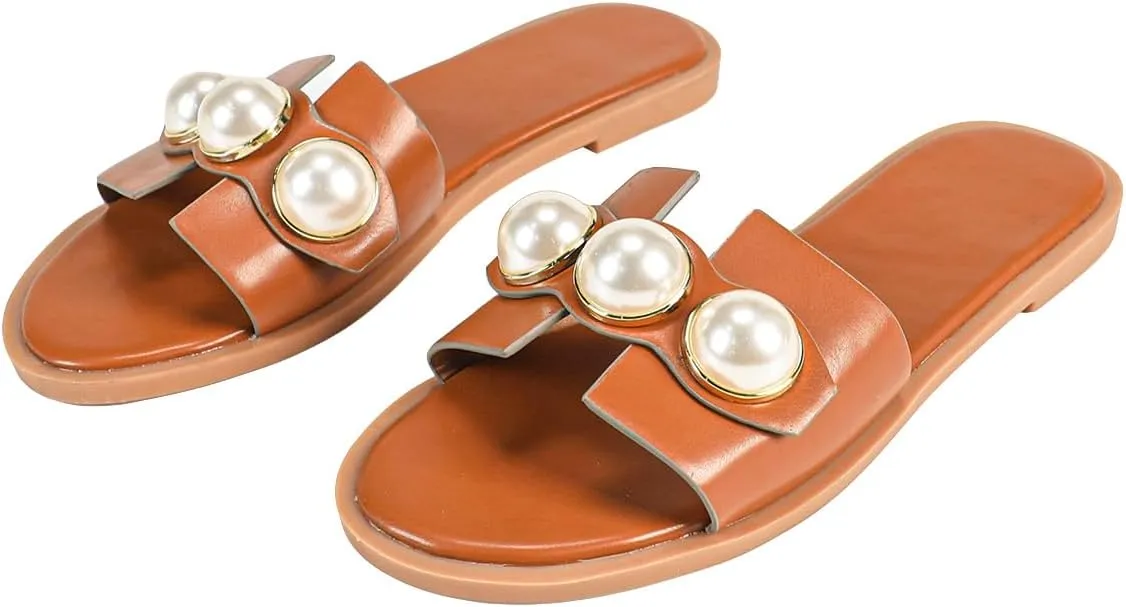 GORGLITTER Women's H Sandals Pearl Flat Sandals Square Toe Dressy Summer Cute Sandals Shoes 2025