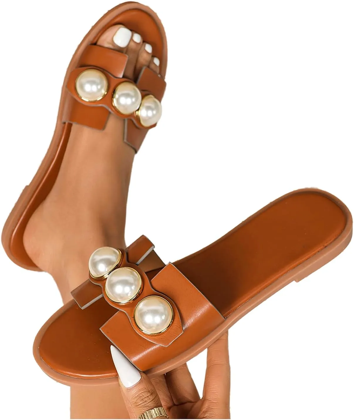 GORGLITTER Women's H Sandals Pearl Flat Sandals Square Toe Dressy Summer Cute Sandals Shoes 2025