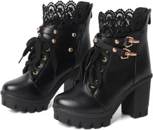 Goth Boots Chunky Heel Boot For Women Ankle Combat Booties Black Platform Bootie Buckle Rivets Punk Goth Shoes With Zipper