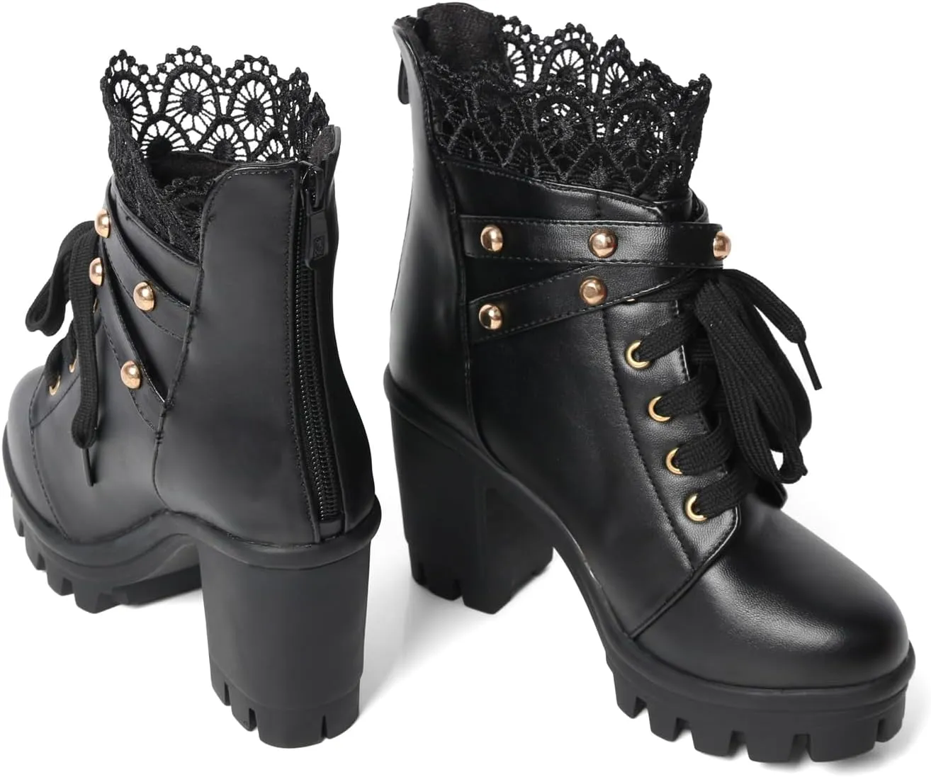 Goth Boots Chunky Heel Boot For Women Ankle Combat Booties Black Platform Bootie Buckle Rivets Punk Goth Shoes With Zipper