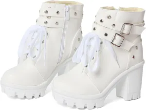 Goth Boots Chunky Heel Boot For Women Ankle Combat Booties Black Platform Bootie Buckle Rivets Punk Goth Shoes With Zipper