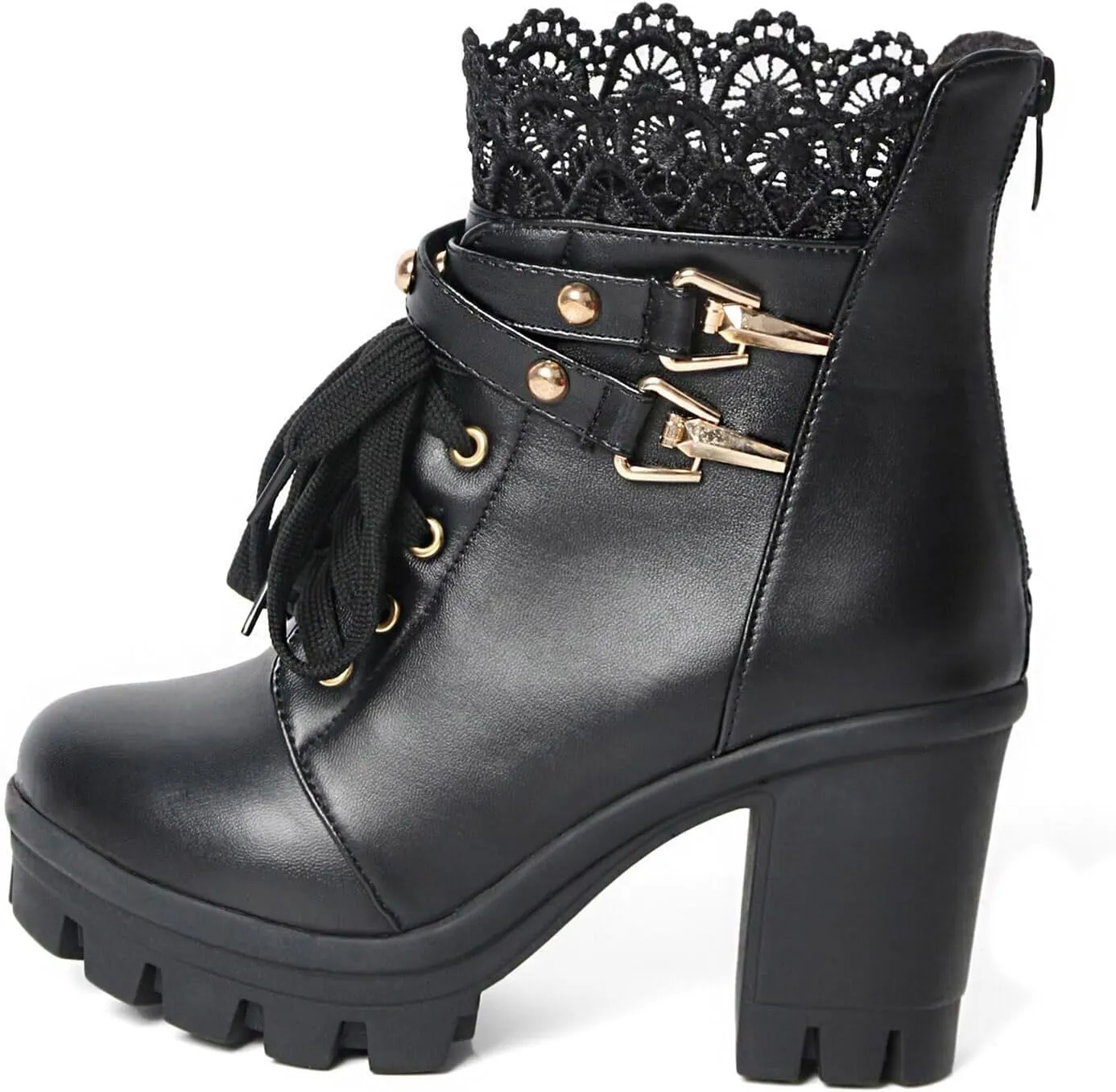 Goth Boots Chunky Heel Boot For Women Ankle Combat Booties Black Platform Bootie Buckle Rivets Punk Goth Shoes With Zipper