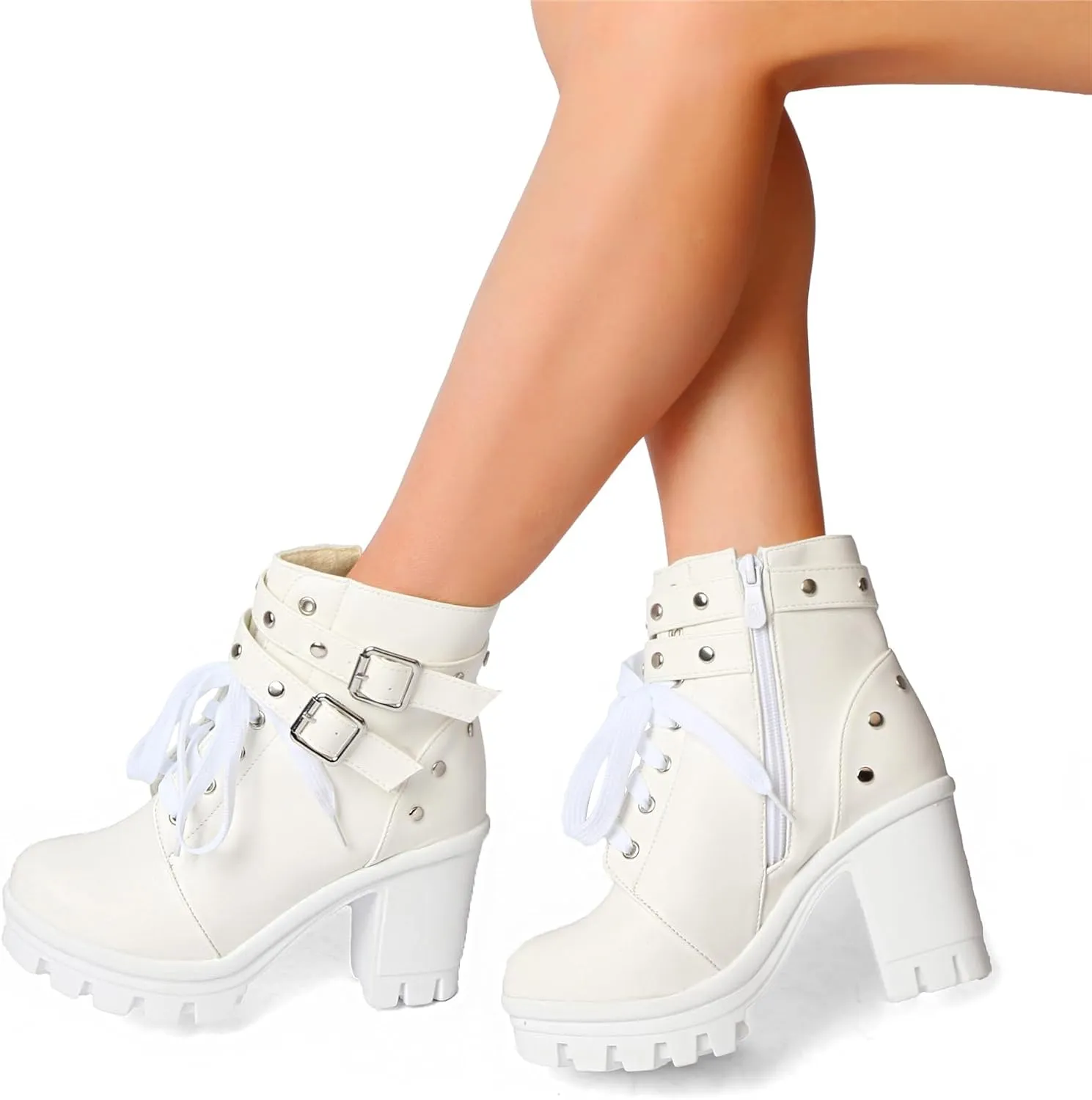Goth Boots Chunky Heel Boot For Women Ankle Combat Booties Black Platform Bootie Buckle Rivets Punk Goth Shoes With Zipper