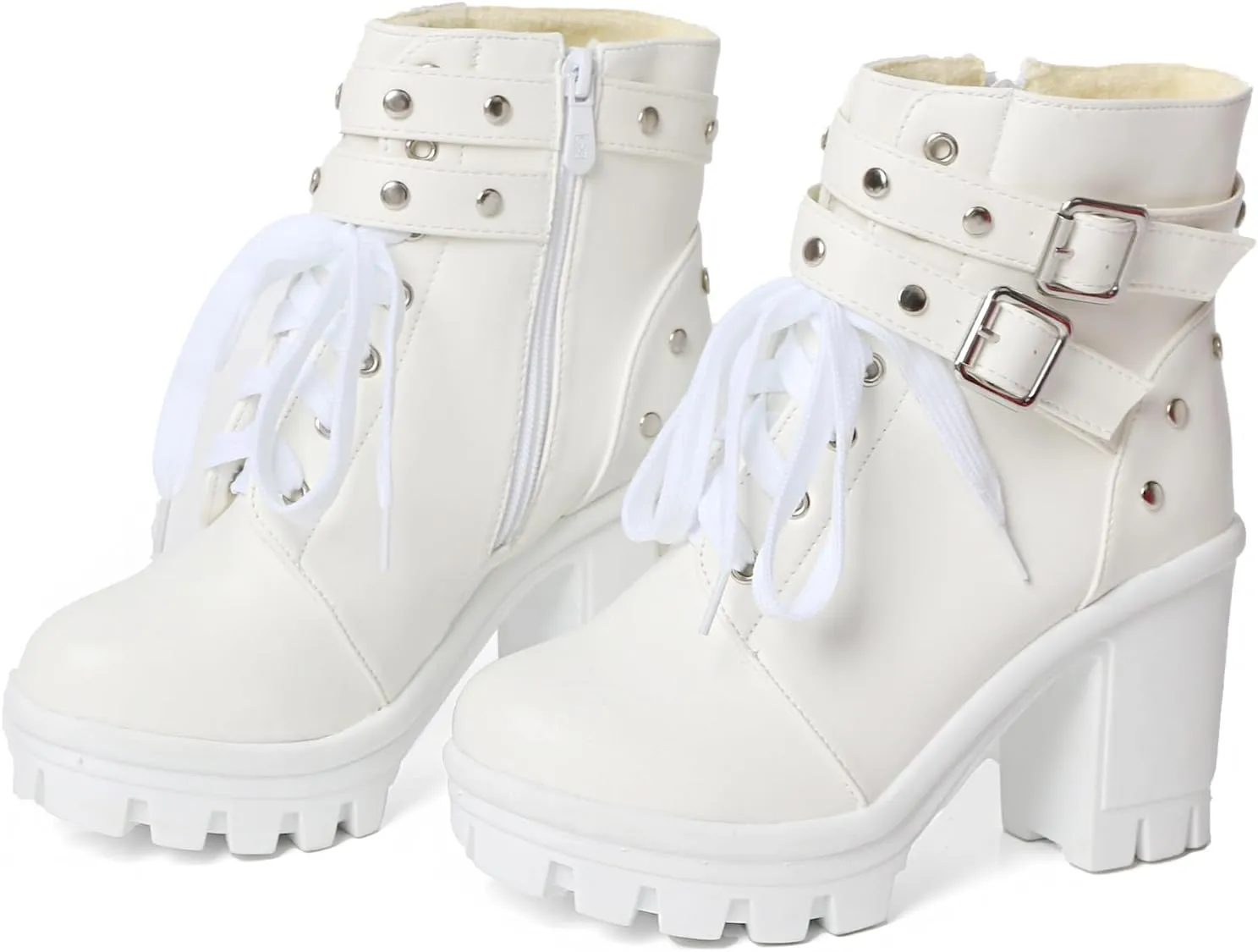 Goth Boots Chunky Heel Boot For Women Ankle Combat Booties Black Platform Bootie Buckle Rivets Punk Goth Shoes With Zipper