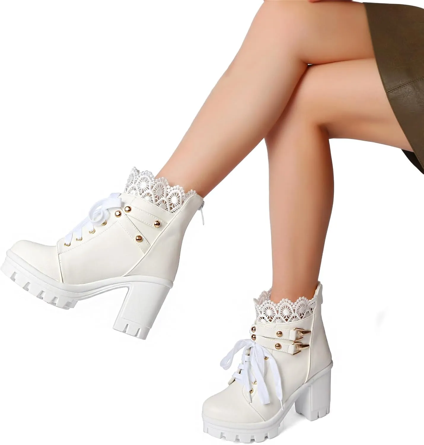 Goth Boots Chunky Heel Boot For Women Ankle Combat Booties Black Platform Bootie Buckle Rivets Punk Goth Shoes With Zipper
