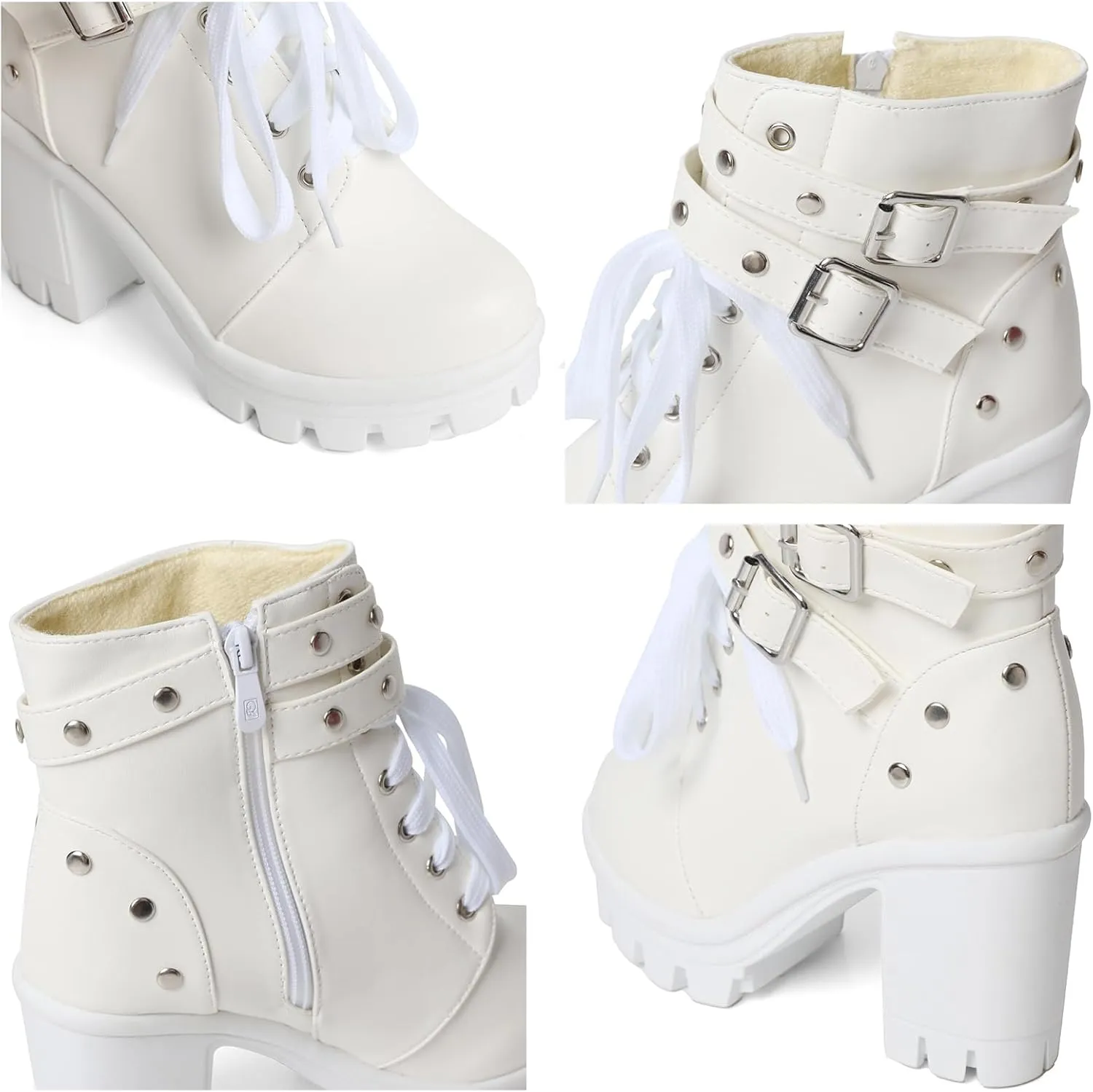 Goth Boots Chunky Heel Boot For Women Ankle Combat Booties Black Platform Bootie Buckle Rivets Punk Goth Shoes With Zipper