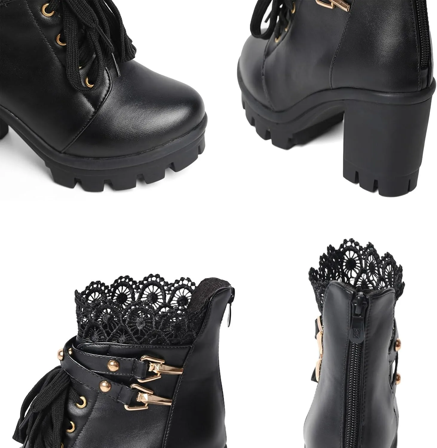 Goth Boots Chunky Heel Boot For Women Ankle Combat Booties Black Platform Bootie Buckle Rivets Punk Goth Shoes With Zipper