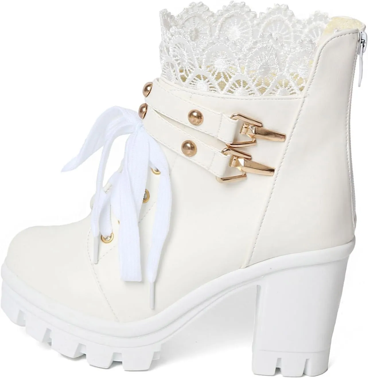 Goth Boots Chunky Heel Boot For Women Ankle Combat Booties Black Platform Bootie Buckle Rivets Punk Goth Shoes With Zipper