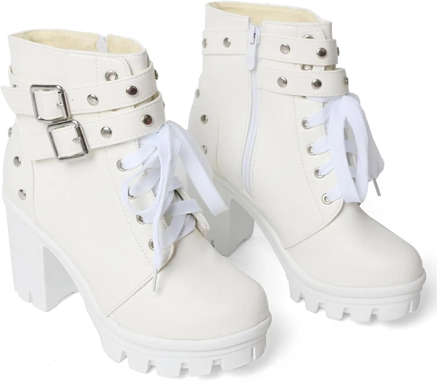 Goth Boots Chunky Heel Boot For Women Ankle Combat Booties Black Platform Bootie Buckle Rivets Punk Goth Shoes With Zipper