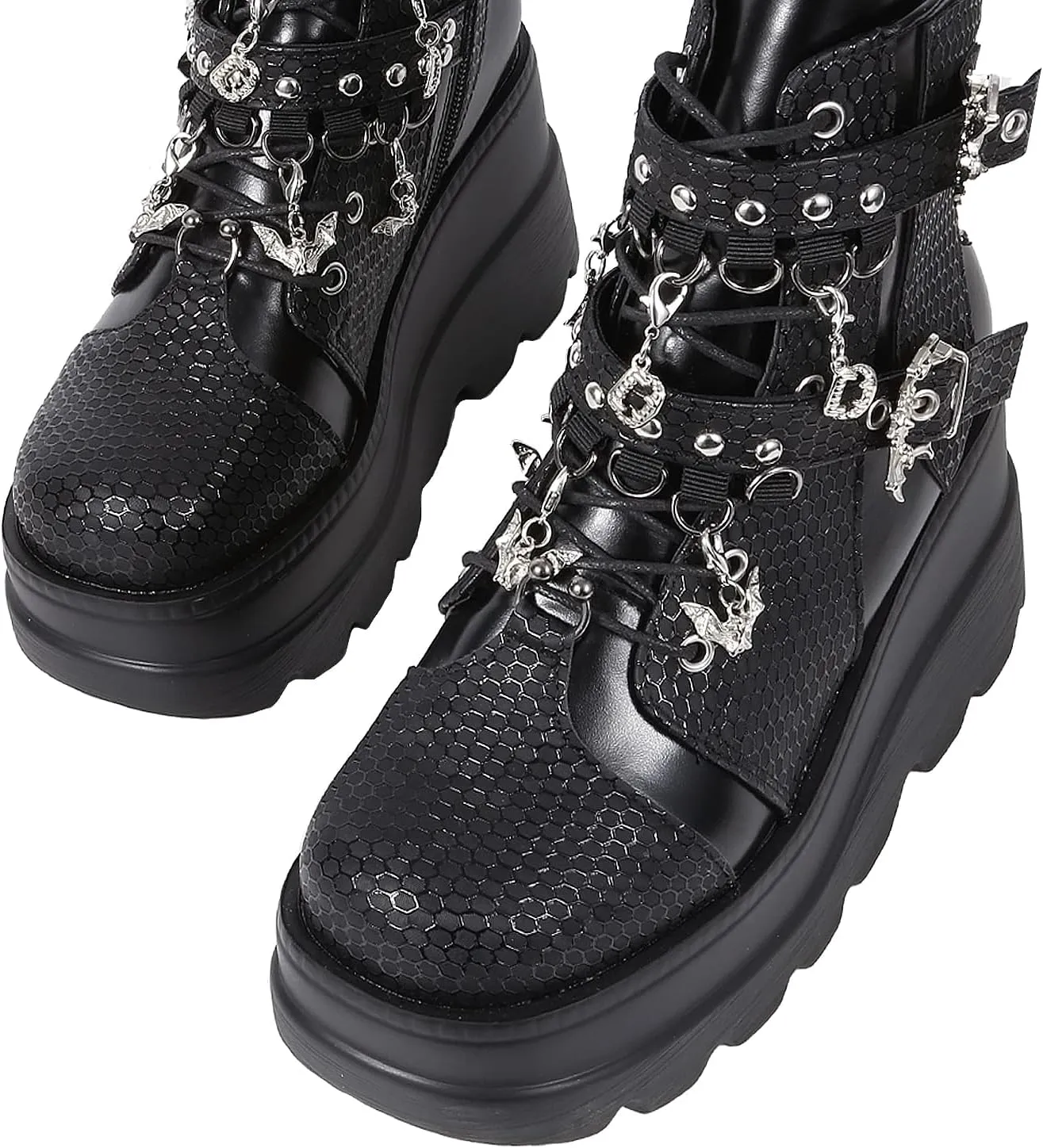 Goth Chunky Ankle Boots for Women - Bat Buckle DIY Platform,Zip Round Toe Lace Up Combat Bootie, Wedge Rave Boots Black Punk Shoes - Light Weight & Waterproof