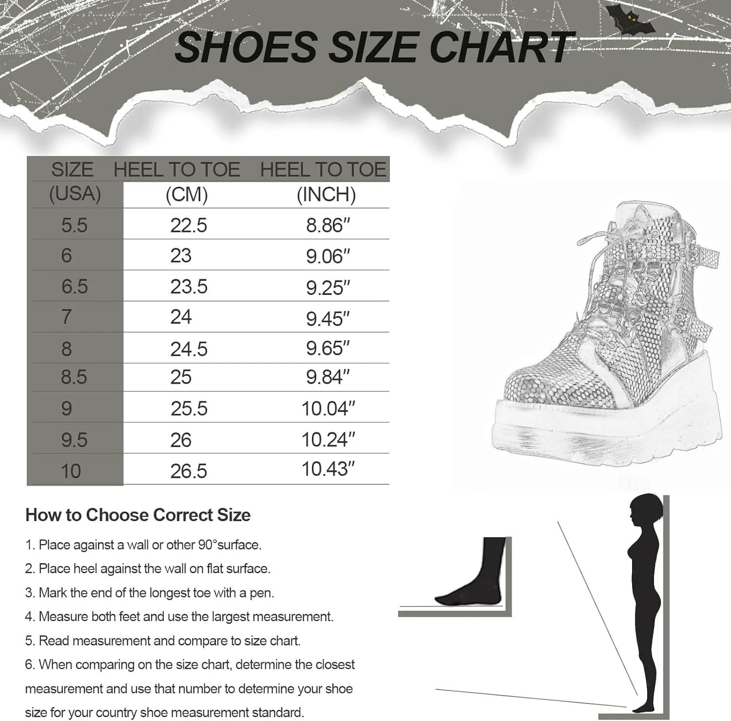 Goth Chunky Ankle Boots for Women - Bat Buckle DIY Platform,Zip Round Toe Lace Up Combat Bootie, Wedge Rave Boots Black Punk Shoes - Light Weight & Waterproof