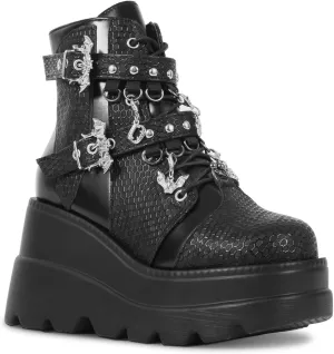 Goth Chunky Ankle Boots for Women - Bat Buckle DIY Platform,Zip Round Toe Lace Up Combat Bootie, Wedge Rave Boots Black Punk Shoes - Light Weight & Waterproof