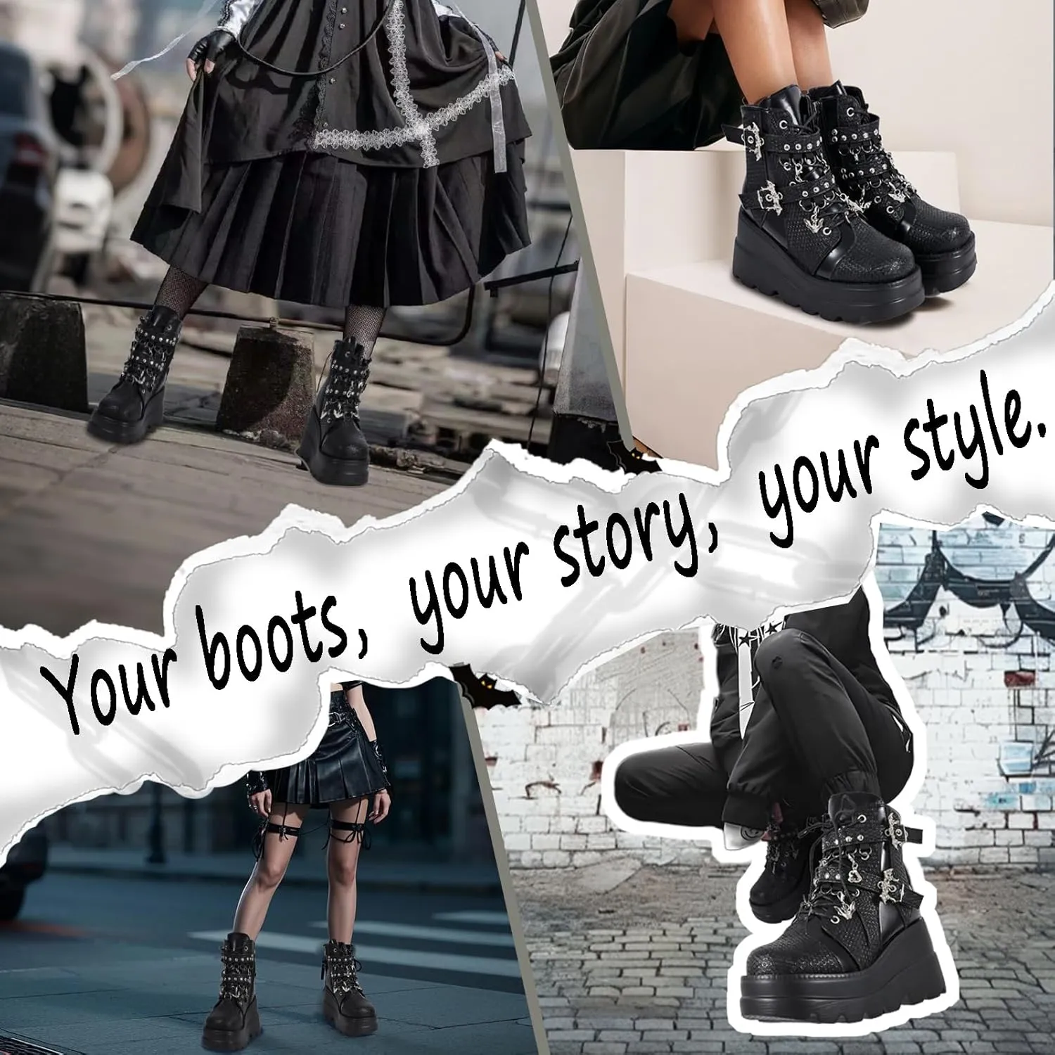 Goth Chunky Ankle Boots for Women - Bat Buckle DIY Platform,Zip Round Toe Lace Up Combat Bootie, Wedge Rave Boots Black Punk Shoes - Light Weight & Waterproof