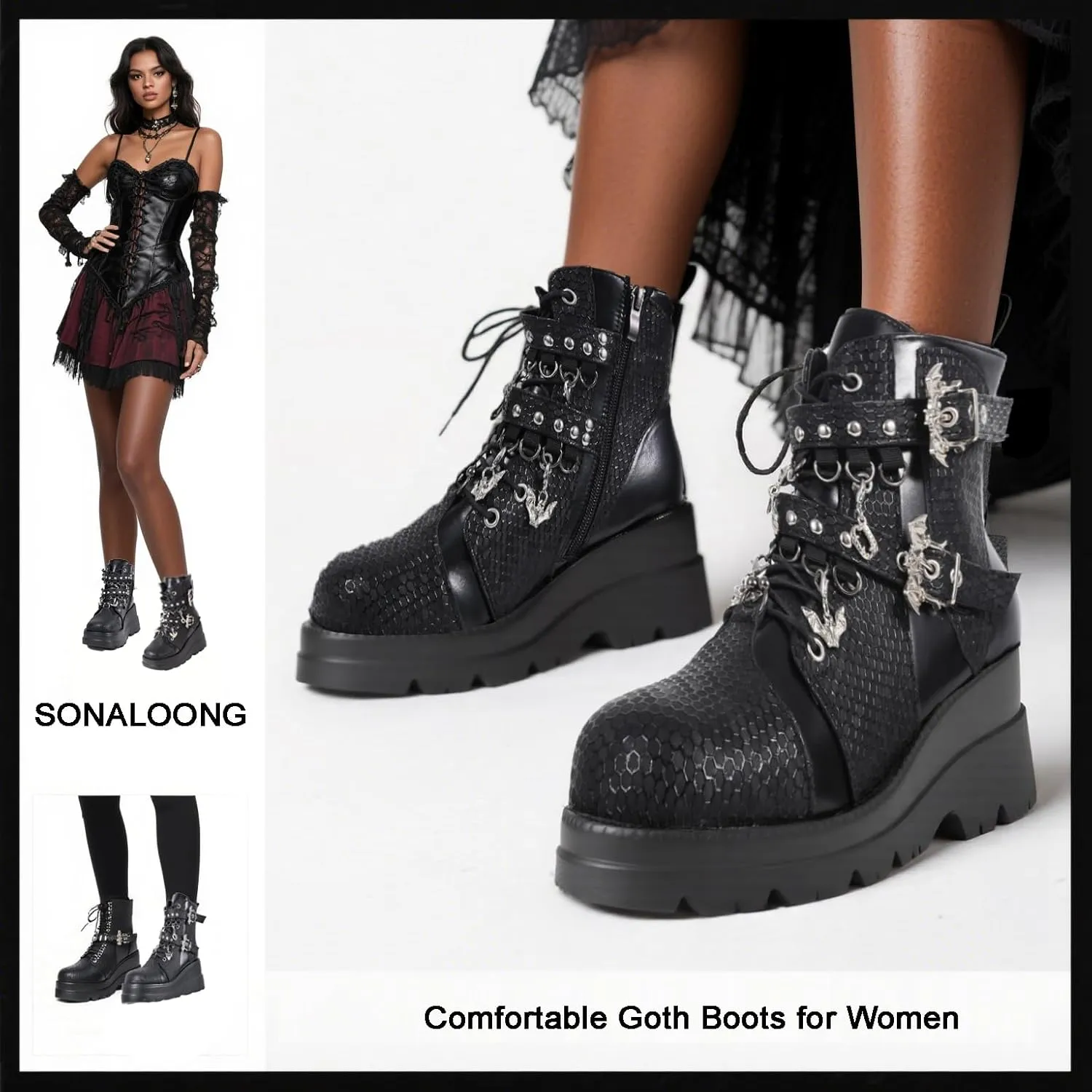 Goth Chunky Ankle Boots for Women - Bat Buckle DIY Platform,Zip Round Toe Lace Up Combat Bootie, Wedge Rave Boots Black Punk Shoes - Light Weight & Waterproof