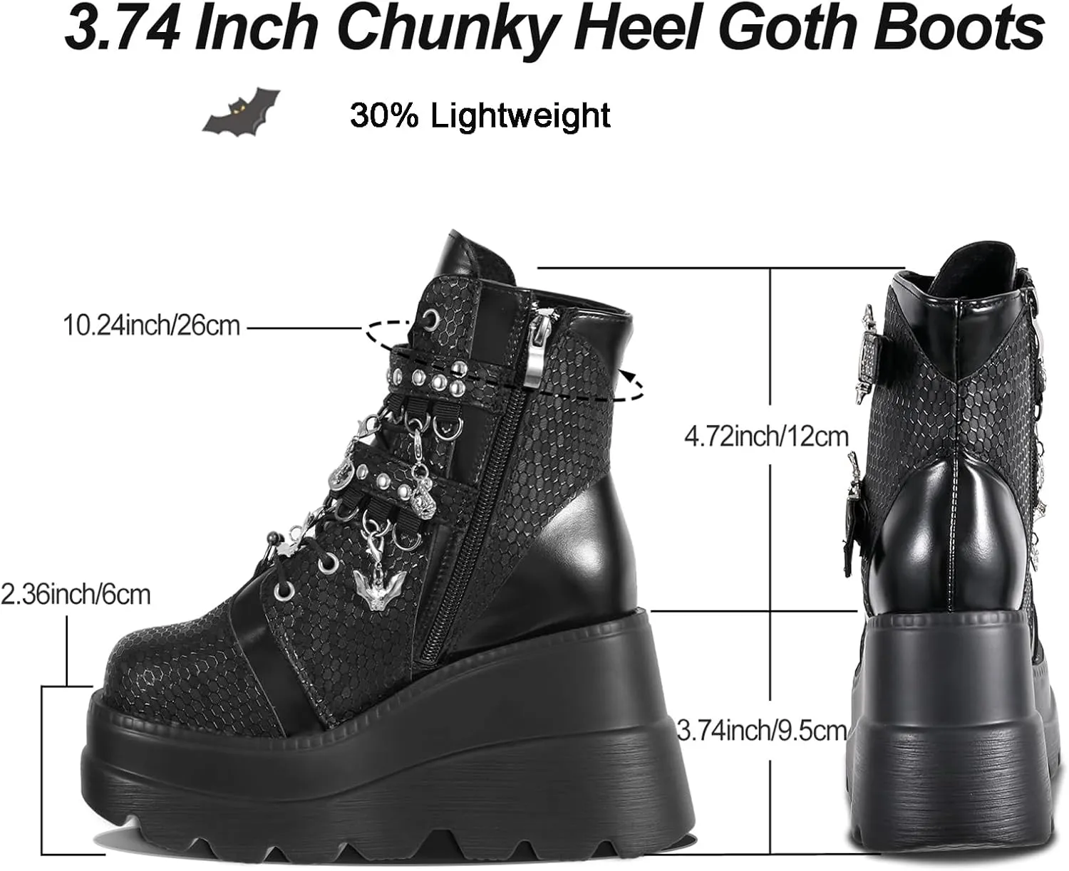 Goth Chunky Ankle Boots for Women - Bat Buckle DIY Platform,Zip Round Toe Lace Up Combat Bootie, Wedge Rave Boots Black Punk Shoes - Light Weight & Waterproof