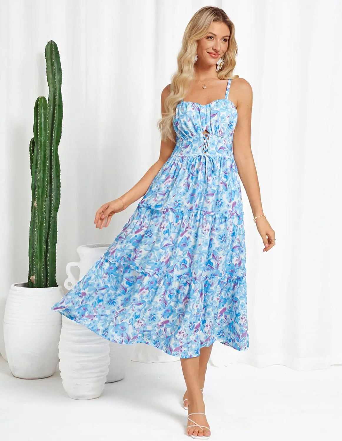 GRACE KARIN Women's Summer Floral Dress 2025 Spaghetti Strap Smocked Tiered Casual Boho Maxi Long Sundress with Pockets