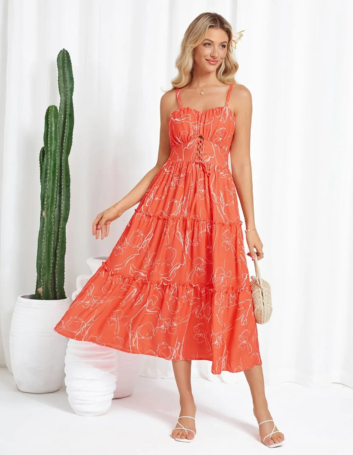 GRACE KARIN Women's Summer Floral Dress 2025 Spaghetti Strap Smocked Tiered Casual Boho Maxi Long Sundress with Pockets