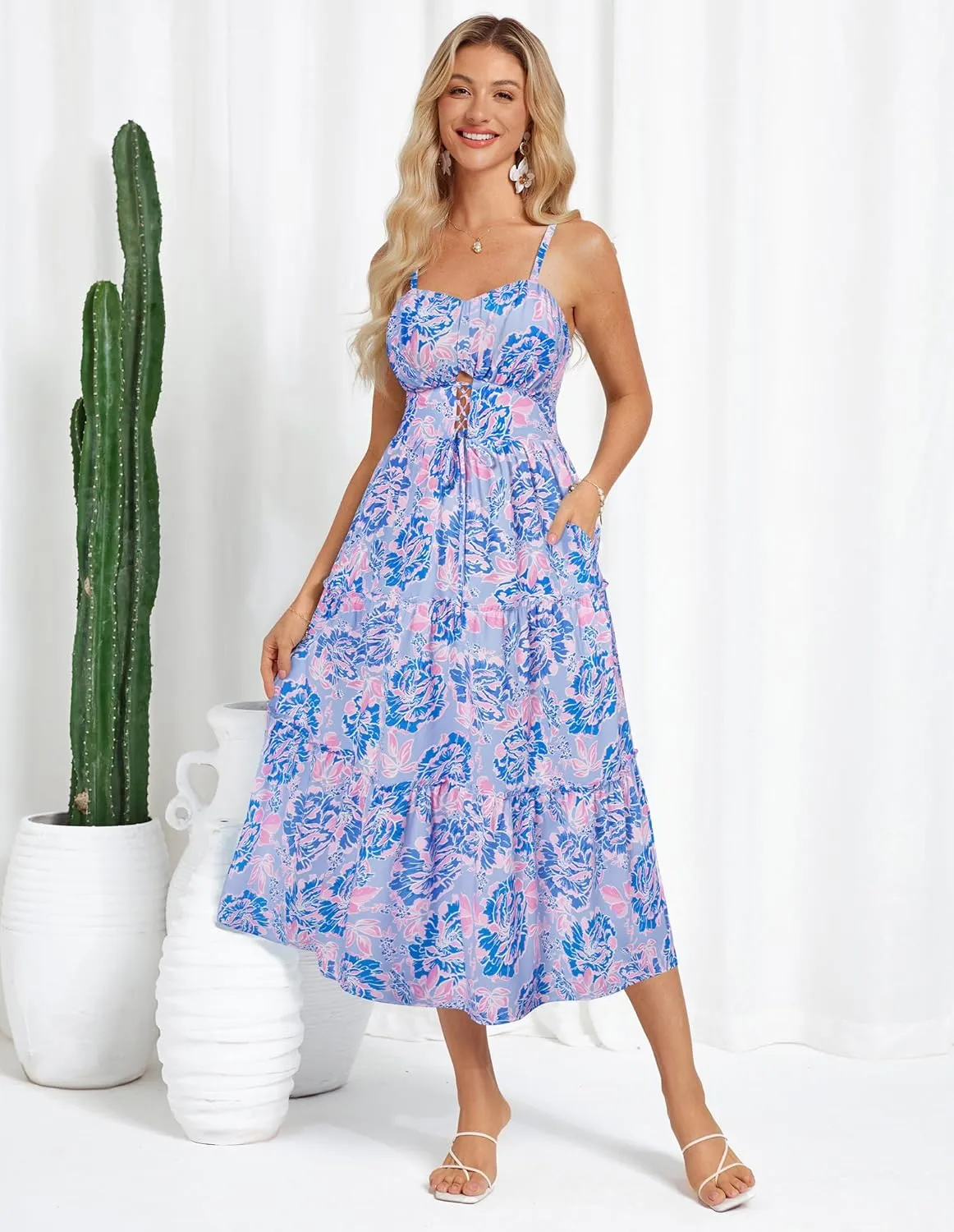 GRACE KARIN Women's Summer Floral Dress 2025 Spaghetti Strap Smocked Tiered Casual Boho Maxi Long Sundress with Pockets