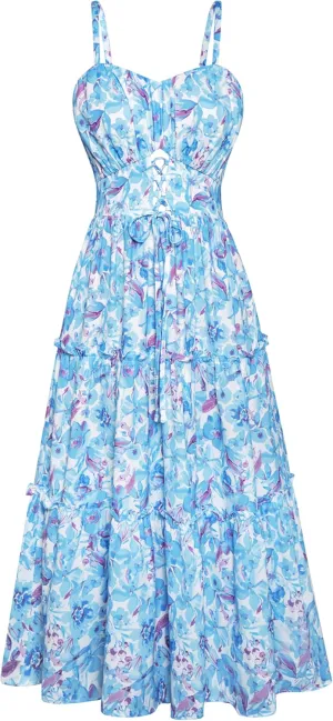 GRACE KARIN Women's Summer Floral Dress 2025 Spaghetti Strap Smocked Tiered Casual Boho Maxi Long Sundress with Pockets
