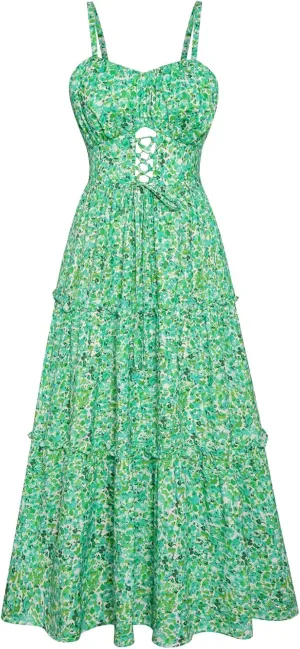 GRACE KARIN Women's Summer Floral Dress 2025 Spaghetti Strap Smocked Tiered Casual Boho Maxi Long Sundress with Pockets
