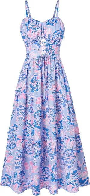 GRACE KARIN Women's Summer Floral Dress 2025 Spaghetti Strap Smocked Tiered Casual Boho Maxi Long Sundress with Pockets