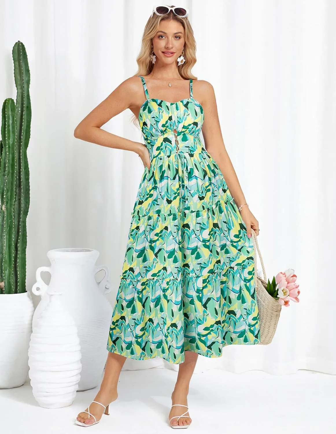 GRACE KARIN Women's Summer Floral Dress 2025 Spaghetti Strap Smocked Tiered Casual Boho Maxi Long Sundress with Pockets