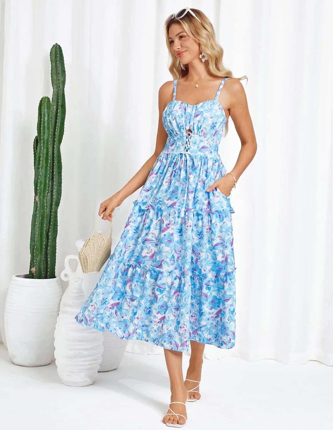 GRACE KARIN Women's Summer Floral Dress 2025 Spaghetti Strap Smocked Tiered Casual Boho Maxi Long Sundress with Pockets