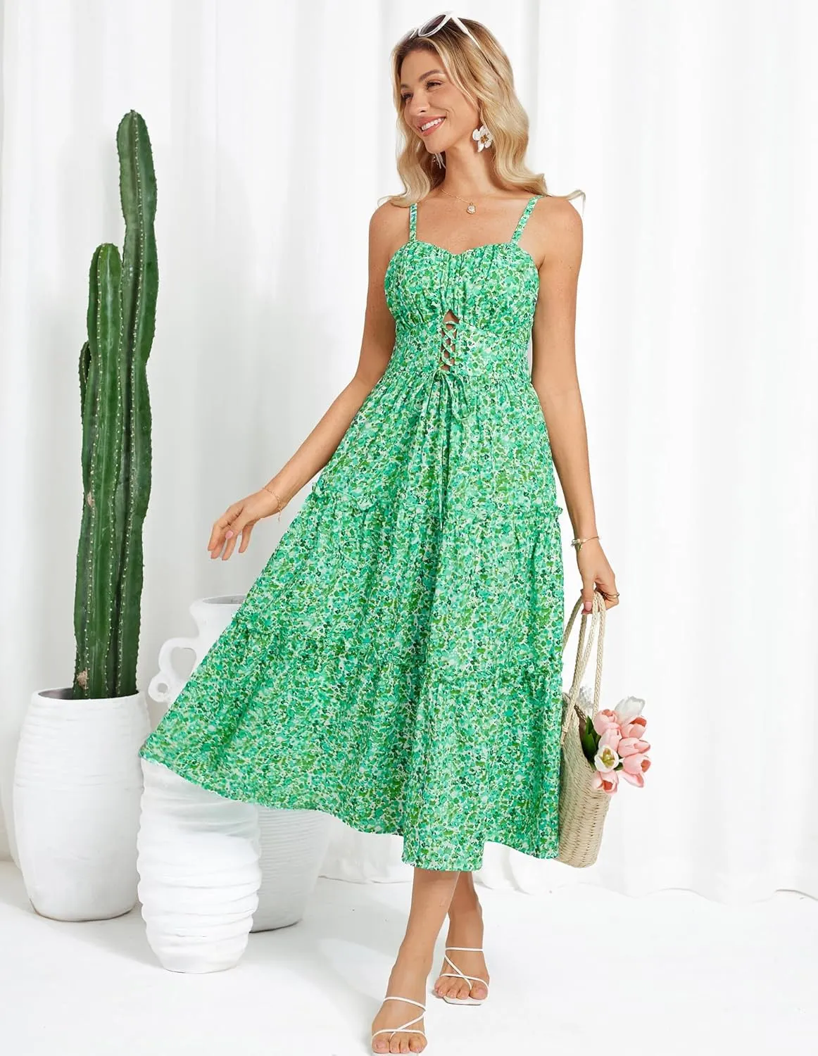 GRACE KARIN Women's Summer Floral Dress 2025 Spaghetti Strap Smocked Tiered Casual Boho Maxi Long Sundress with Pockets