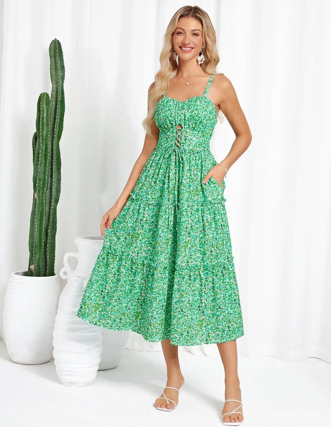GRACE KARIN Women's Summer Floral Dress 2025 Spaghetti Strap Smocked Tiered Casual Boho Maxi Long Sundress with Pockets