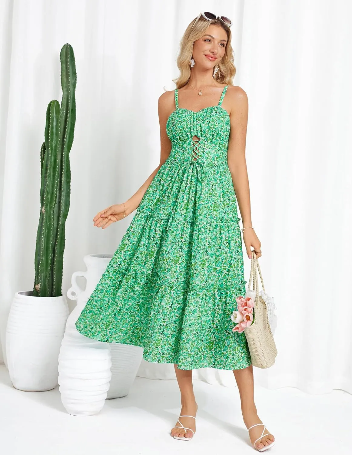 GRACE KARIN Women's Summer Floral Dress 2025 Spaghetti Strap Smocked Tiered Casual Boho Maxi Long Sundress with Pockets