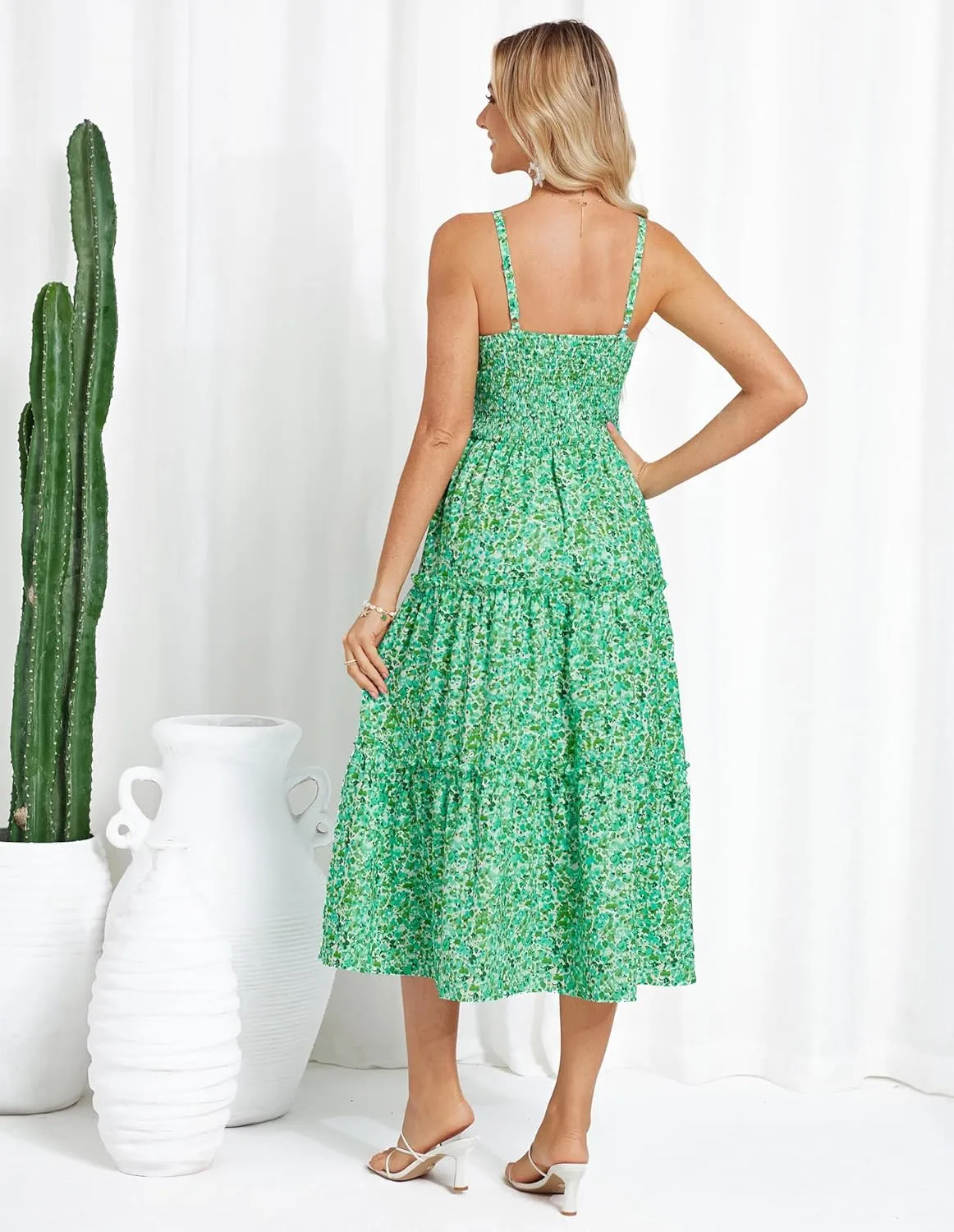 GRACE KARIN Women's Summer Floral Dress 2025 Spaghetti Strap Smocked Tiered Casual Boho Maxi Long Sundress with Pockets