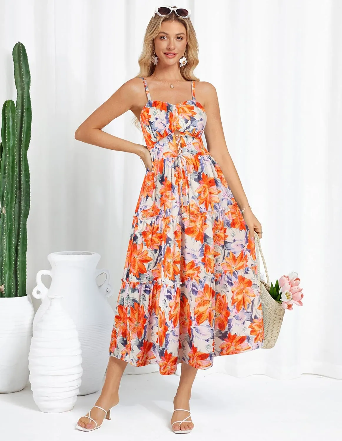 GRACE KARIN Women's Summer Floral Dress 2025 Spaghetti Strap Smocked Tiered Casual Boho Maxi Long Sundress with Pockets