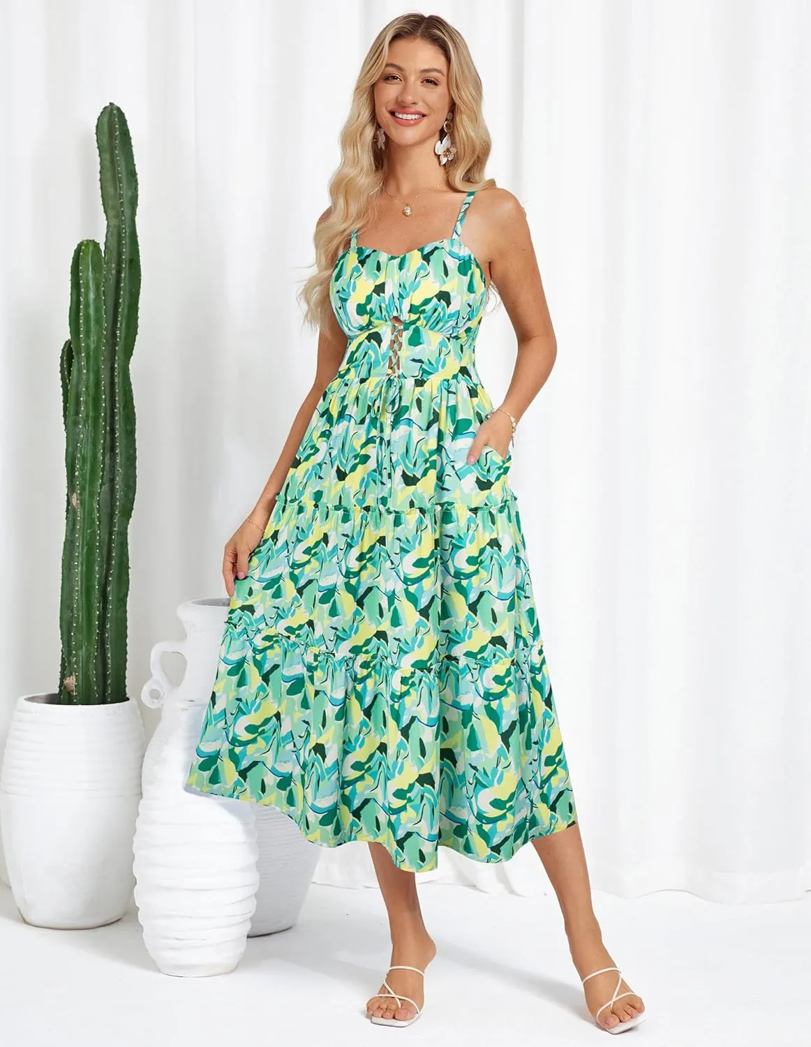 GRACE KARIN Women's Summer Floral Dress 2025 Spaghetti Strap Smocked Tiered Casual Boho Maxi Long Sundress with Pockets