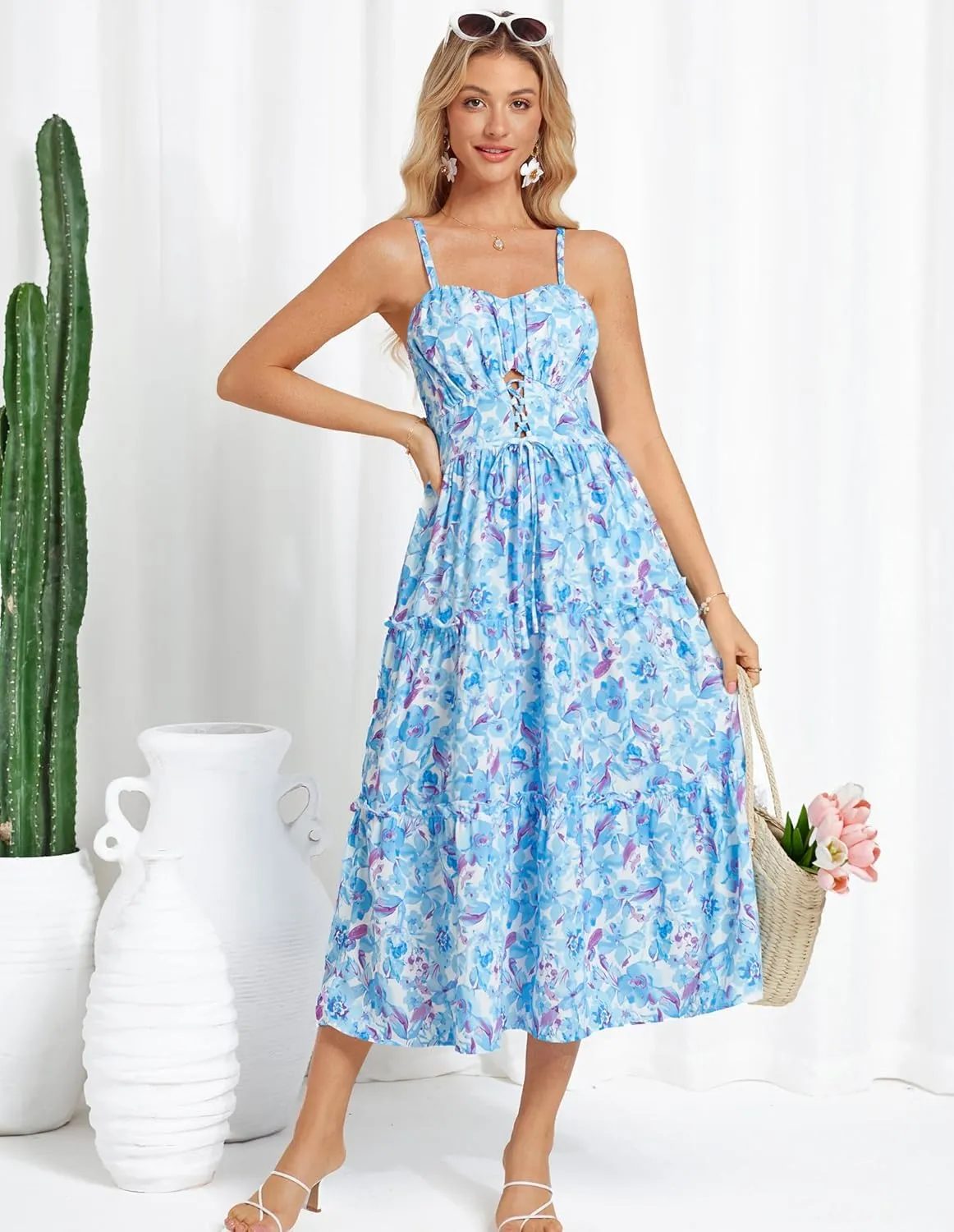GRACE KARIN Women's Summer Floral Dress 2025 Spaghetti Strap Smocked Tiered Casual Boho Maxi Long Sundress with Pockets