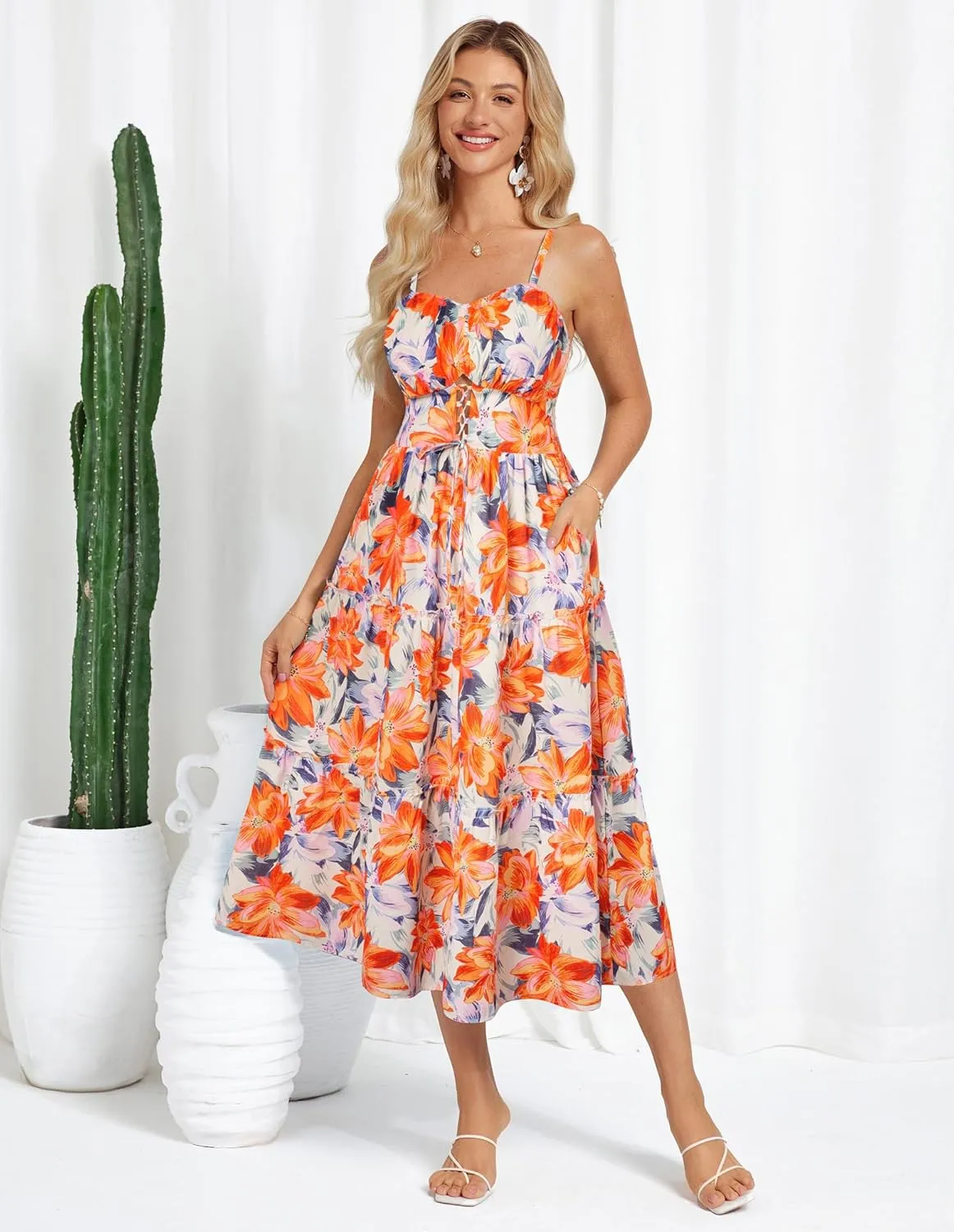 GRACE KARIN Women's Summer Floral Dress 2025 Spaghetti Strap Smocked Tiered Casual Boho Maxi Long Sundress with Pockets