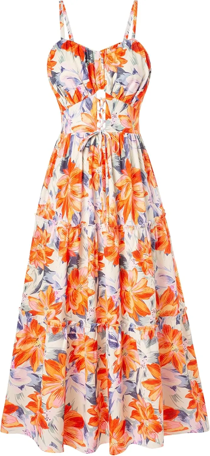 GRACE KARIN Women's Summer Floral Dress 2025 Spaghetti Strap Smocked Tiered Casual Boho Maxi Long Sundress with Pockets