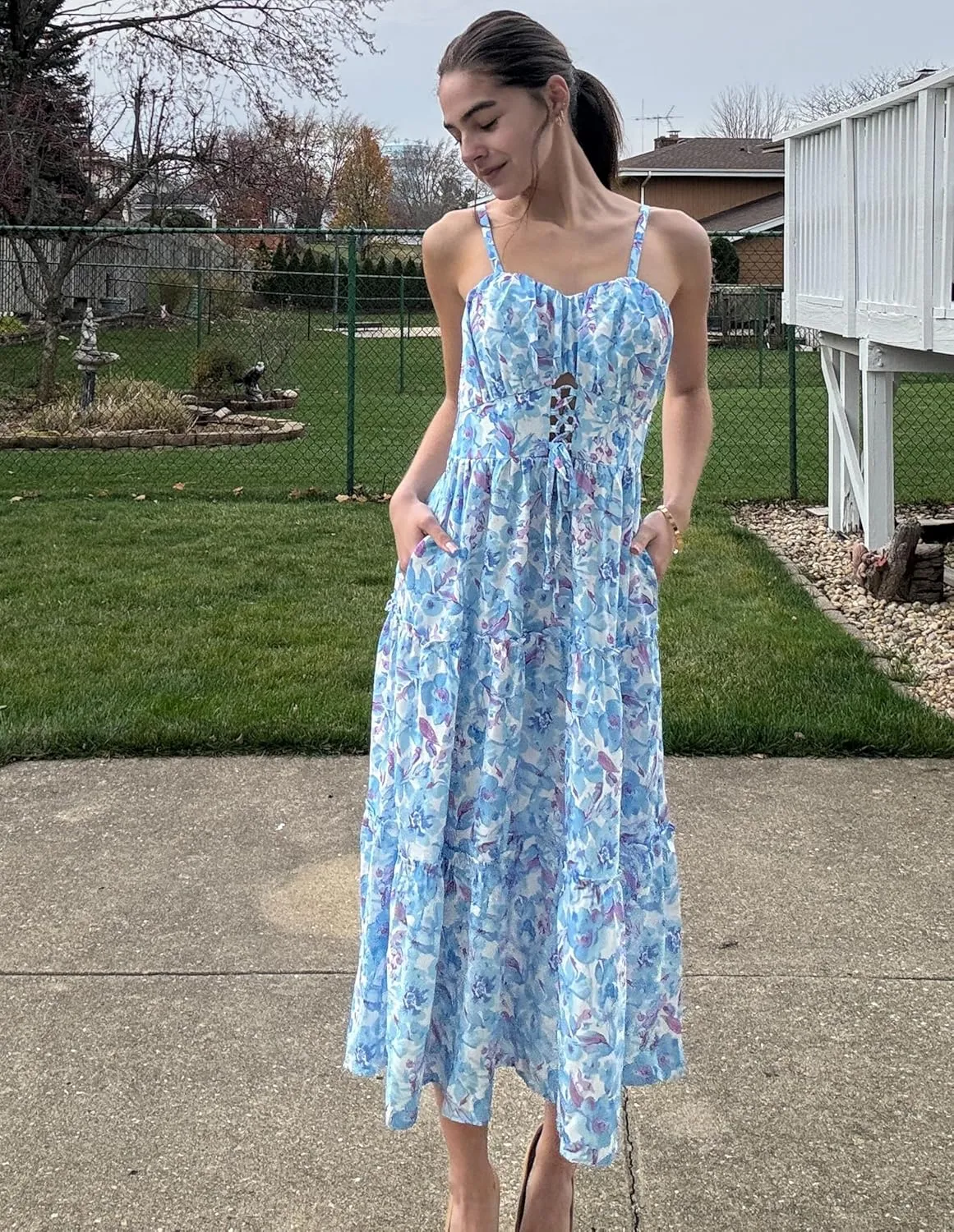 GRACE KARIN Women's Summer Floral Dress 2025 Spaghetti Strap Smocked Tiered Casual Boho Maxi Long Sundress with Pockets