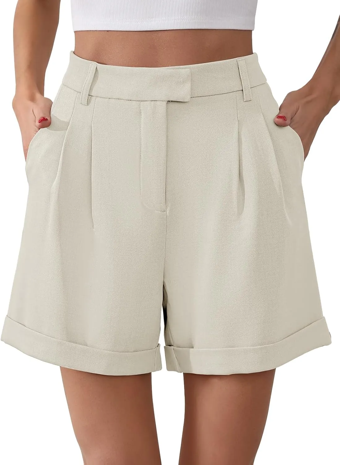 Gracyoga Shorts for Women Trendy Summer Elastic High Waisted Wide Leg Casual Short Loose Cuffed Hem Work Trouser Shorts