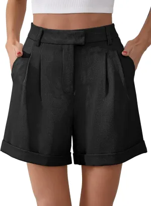 Gracyoga Shorts for Women Trendy Summer Elastic High Waisted Wide Leg Casual Short Loose Cuffed Hem Work Trouser Shorts