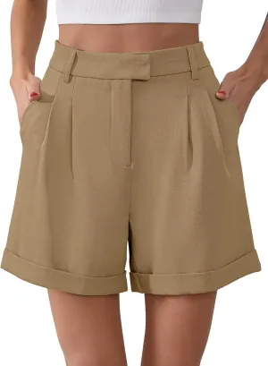 Gracyoga Shorts for Women Trendy Summer Elastic High Waisted Wide Leg Casual Short Loose Cuffed Hem Work Trouser Shorts