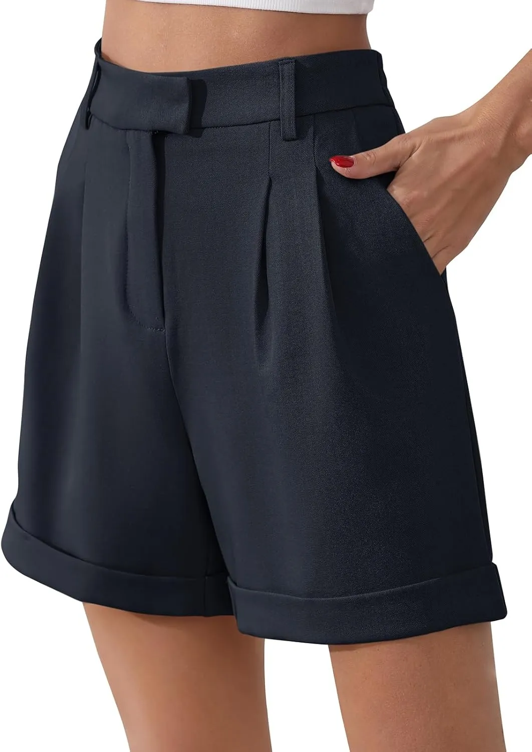 Gracyoga Shorts for Women Trendy Summer Elastic High Waisted Wide Leg Casual Short Loose Cuffed Hem Work Trouser Shorts