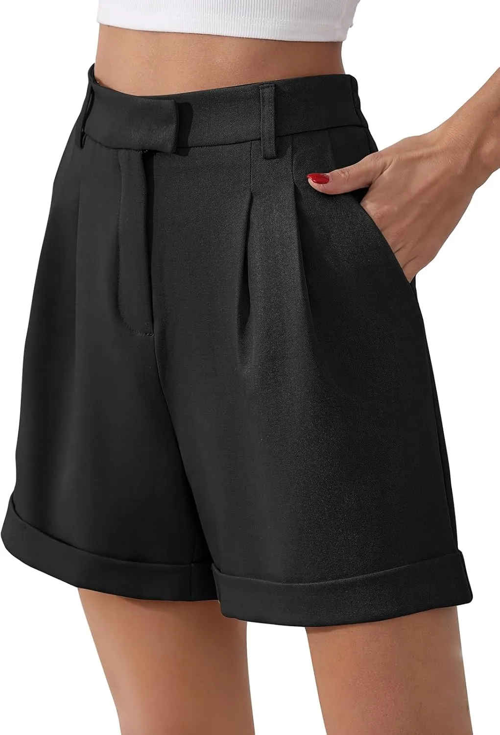 Gracyoga Shorts for Women Trendy Summer Elastic High Waisted Wide Leg Casual Short Loose Cuffed Hem Work Trouser Shorts