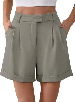 Gracyoga Shorts for Women Trendy Summer Elastic High Waisted Wide Leg Casual Short Loose Cuffed Hem Work Trouser Shorts